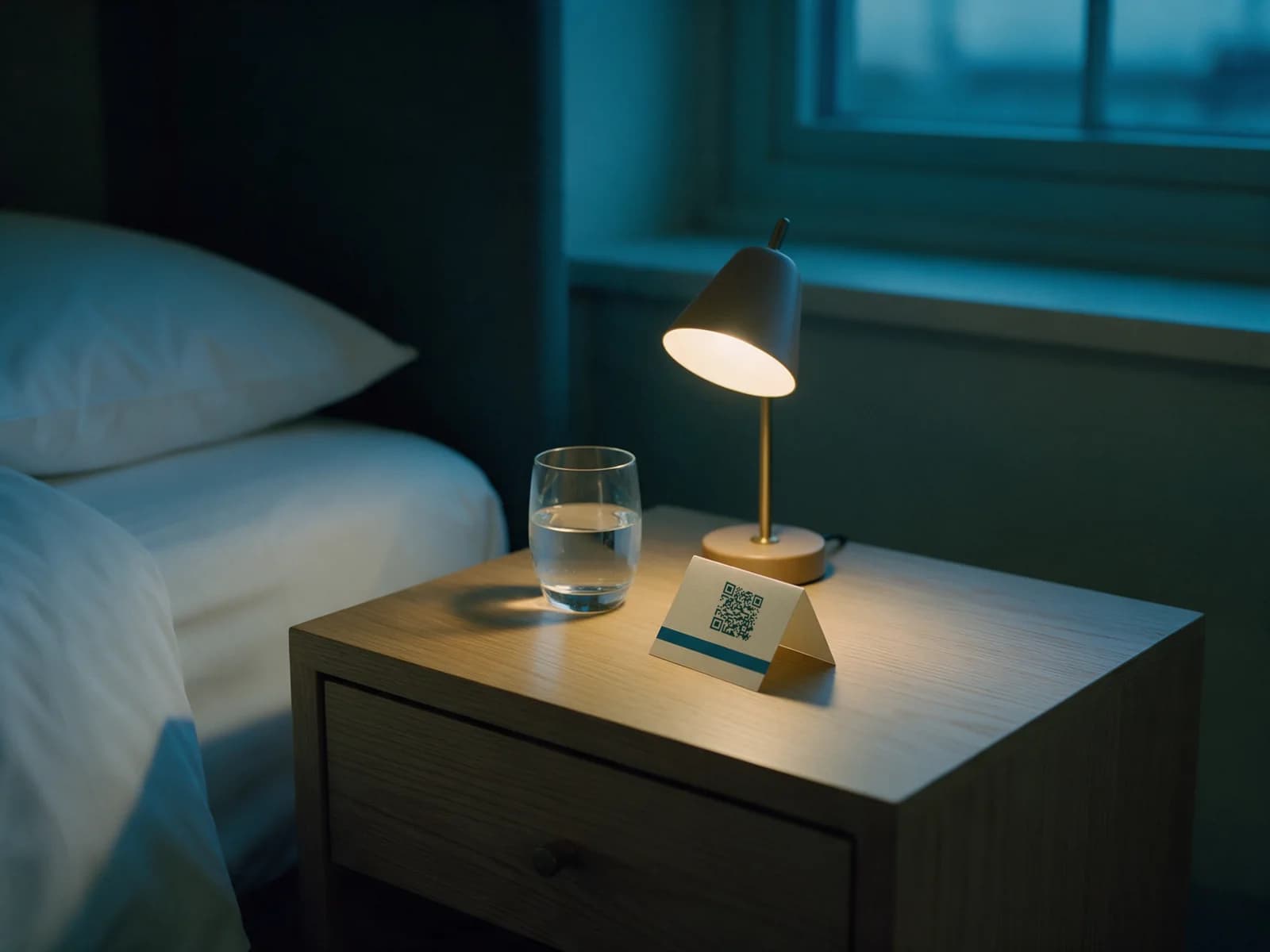 Nachttisch im Hotelzimmer am Abend mit Leselampe, Wasserglas und einem Aufsteller mit QR-Code