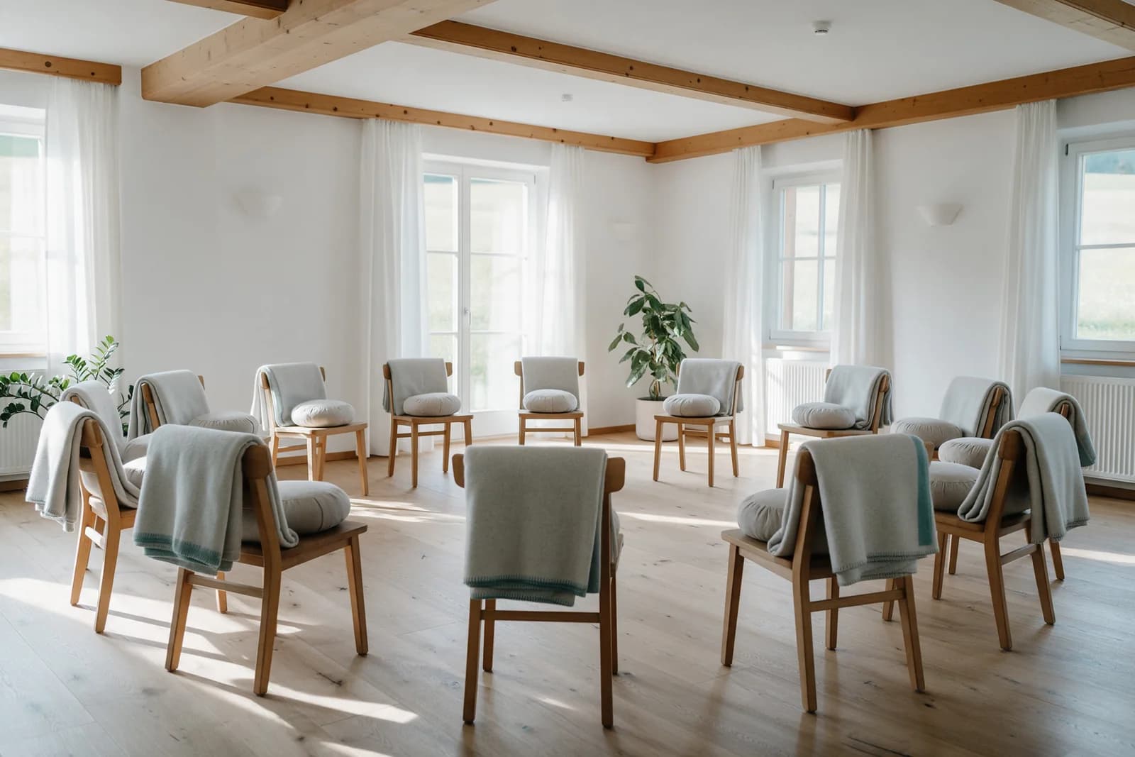 Heller Seminarraum in einem Hotel mit einem Stuhlkreis, Decken und Sitzkissen