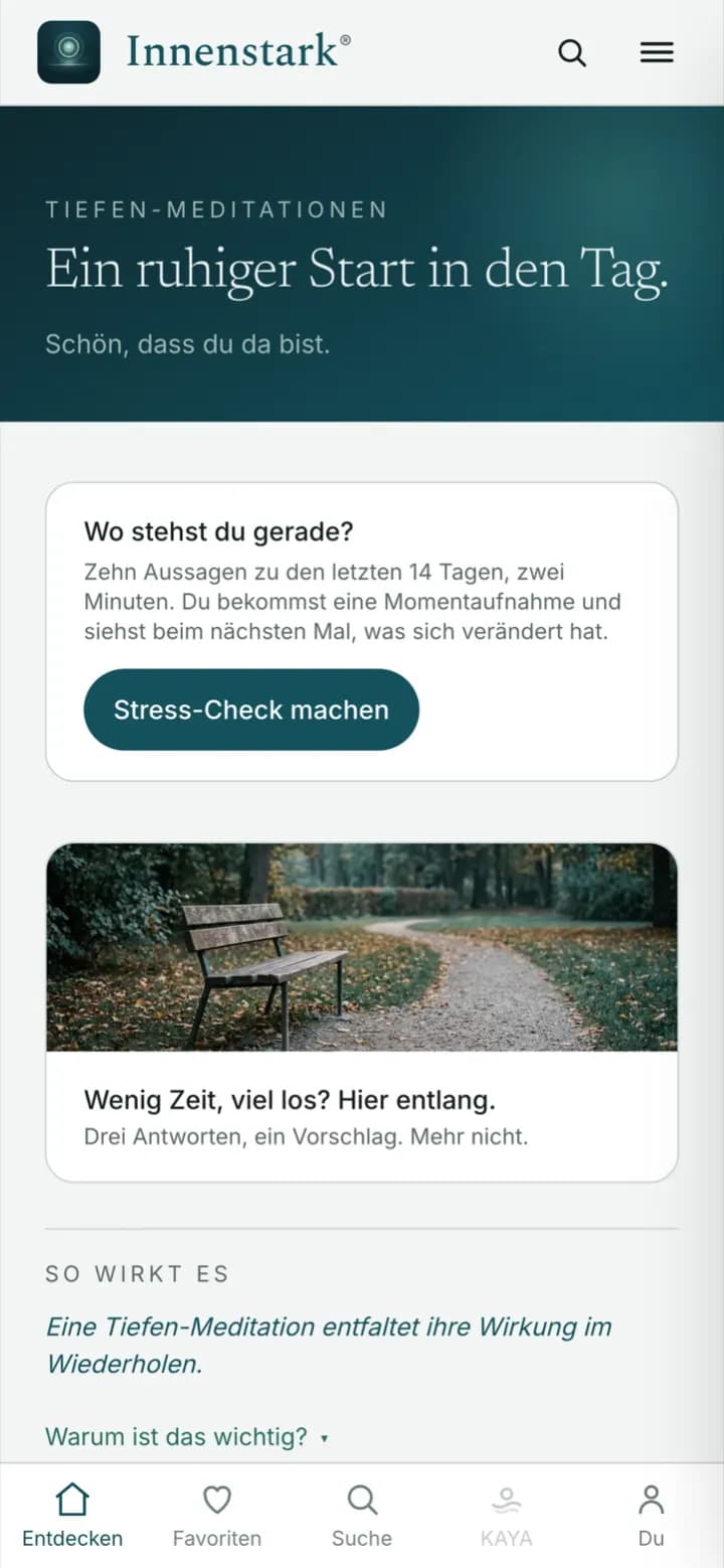 Startseite der App mit Vorschlägen für den Moment